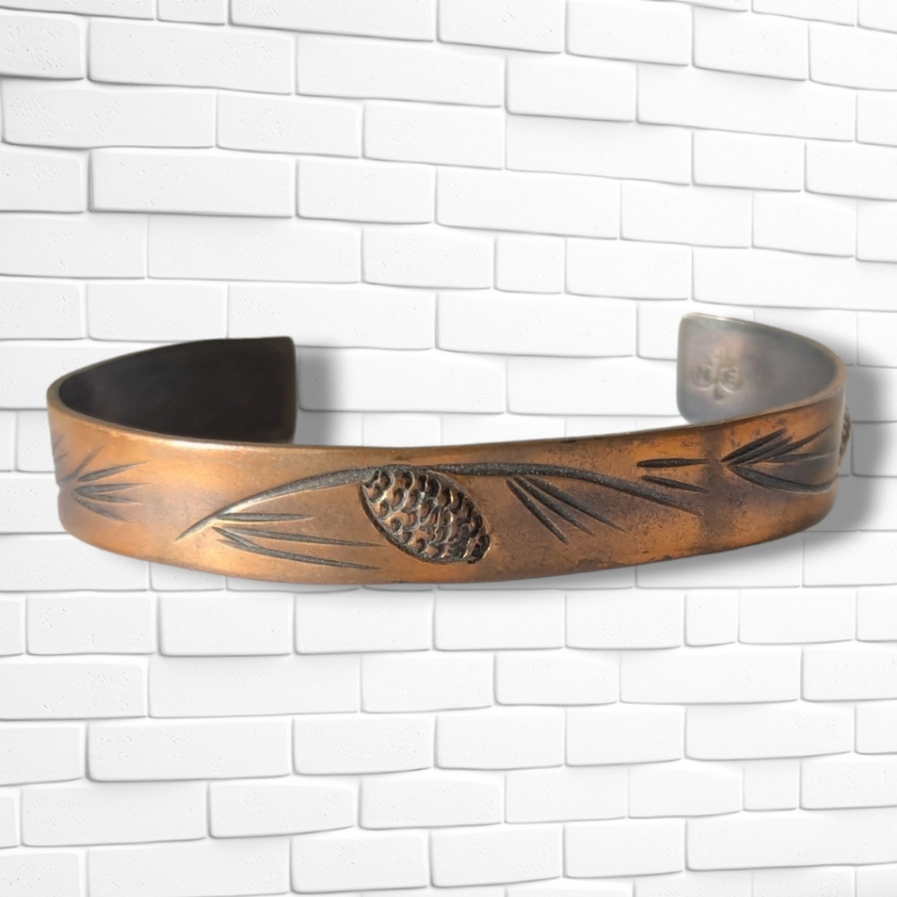 Vintage Mid Century Modernist Copper Pine Cone Cuff Bracelet Minimalist